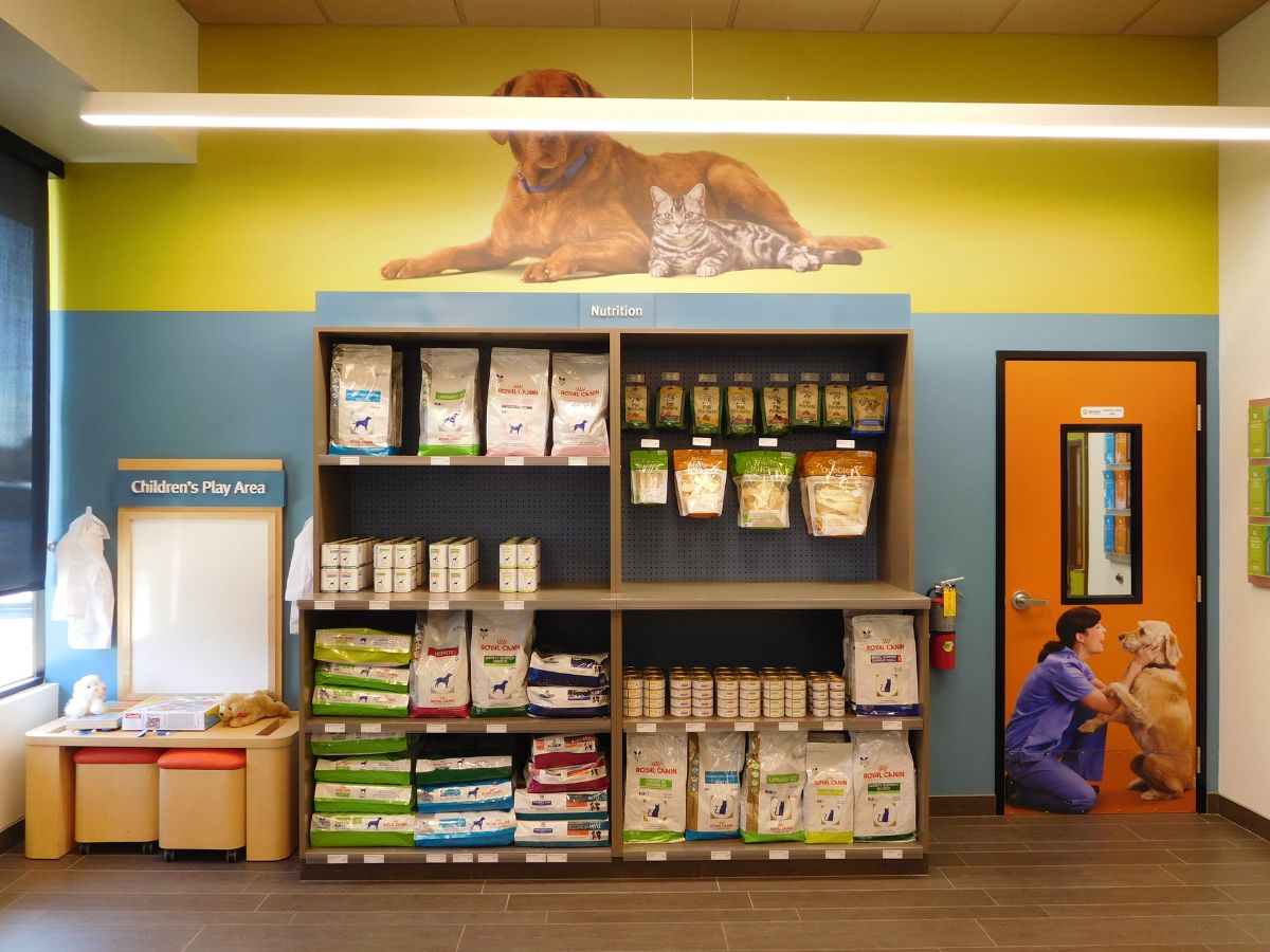 The supply shelves at the Banfield Long Beach Spring Street hospital