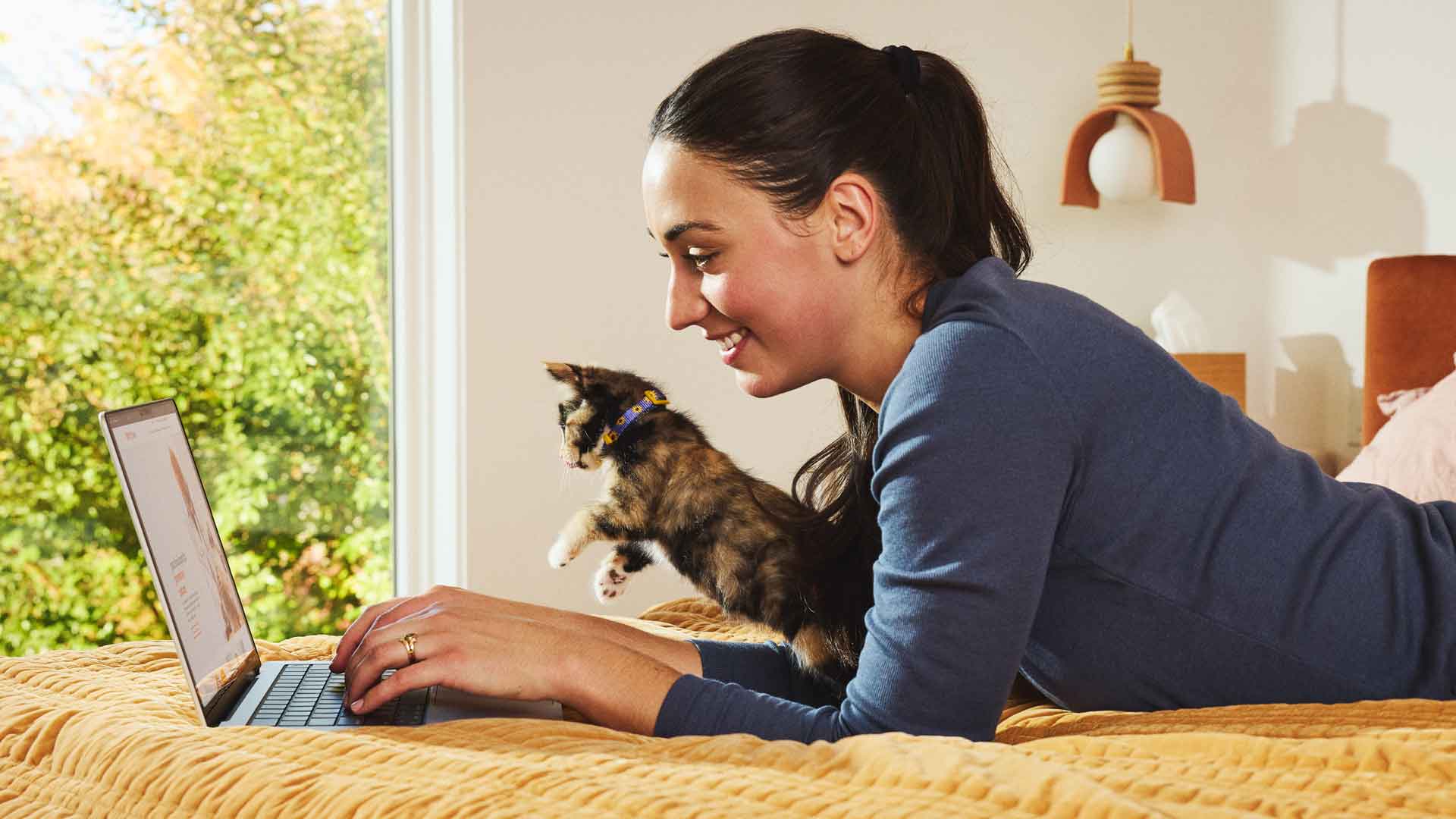A woman lies on a bed looking at her laptop and holding her kitten in one hand