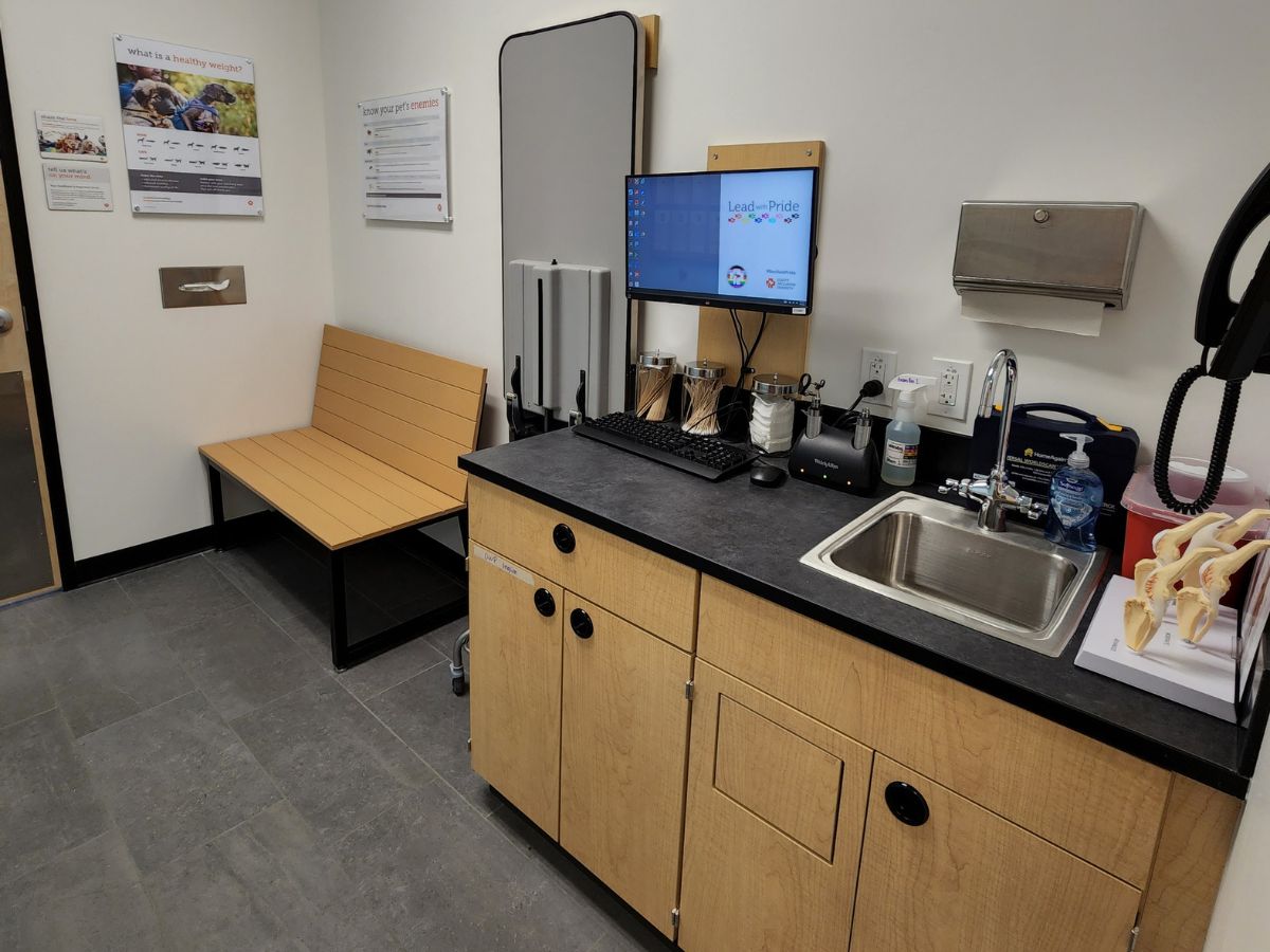 A view of the Metuchen Banfield hospital exam room and folding table