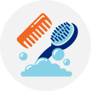 Illustration of a blue brush and orange comb indicating pet cleaning and grooming