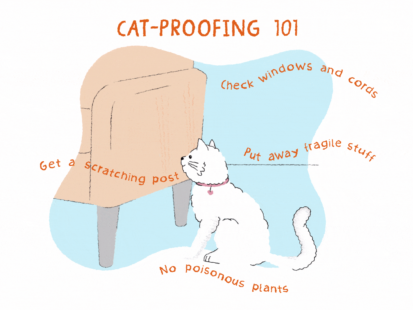white cat scratching tan couch illustration