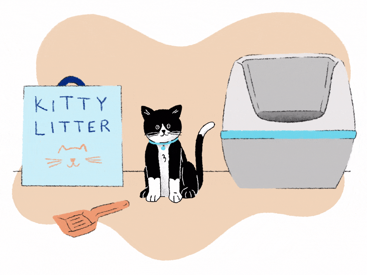 Illustration of a cat by a litter box