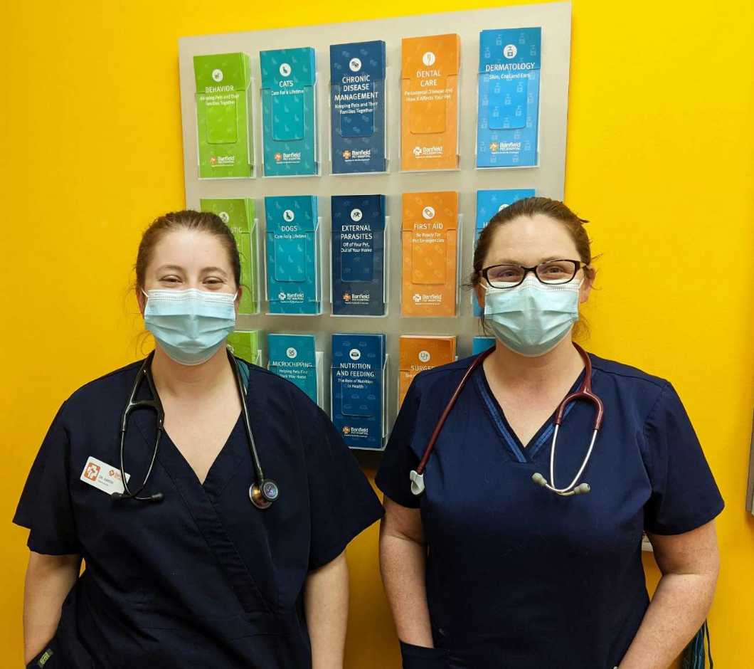 A couple of female veterinarians at the Banfield Pet Hospital